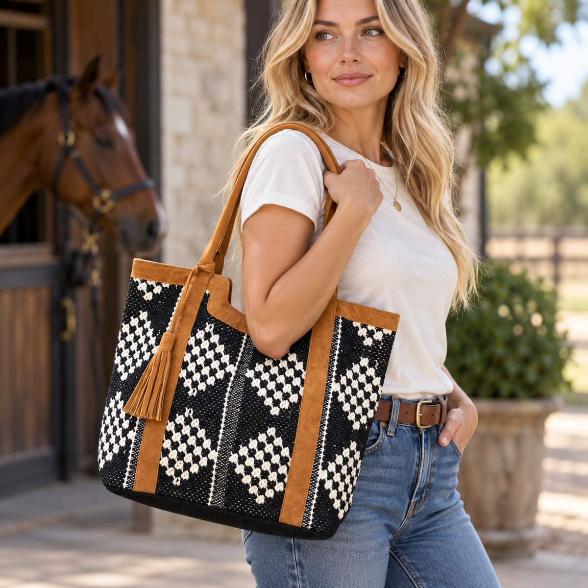 The Aspen Social Diamond Tote | Black & White Leather-Trimmed Bag