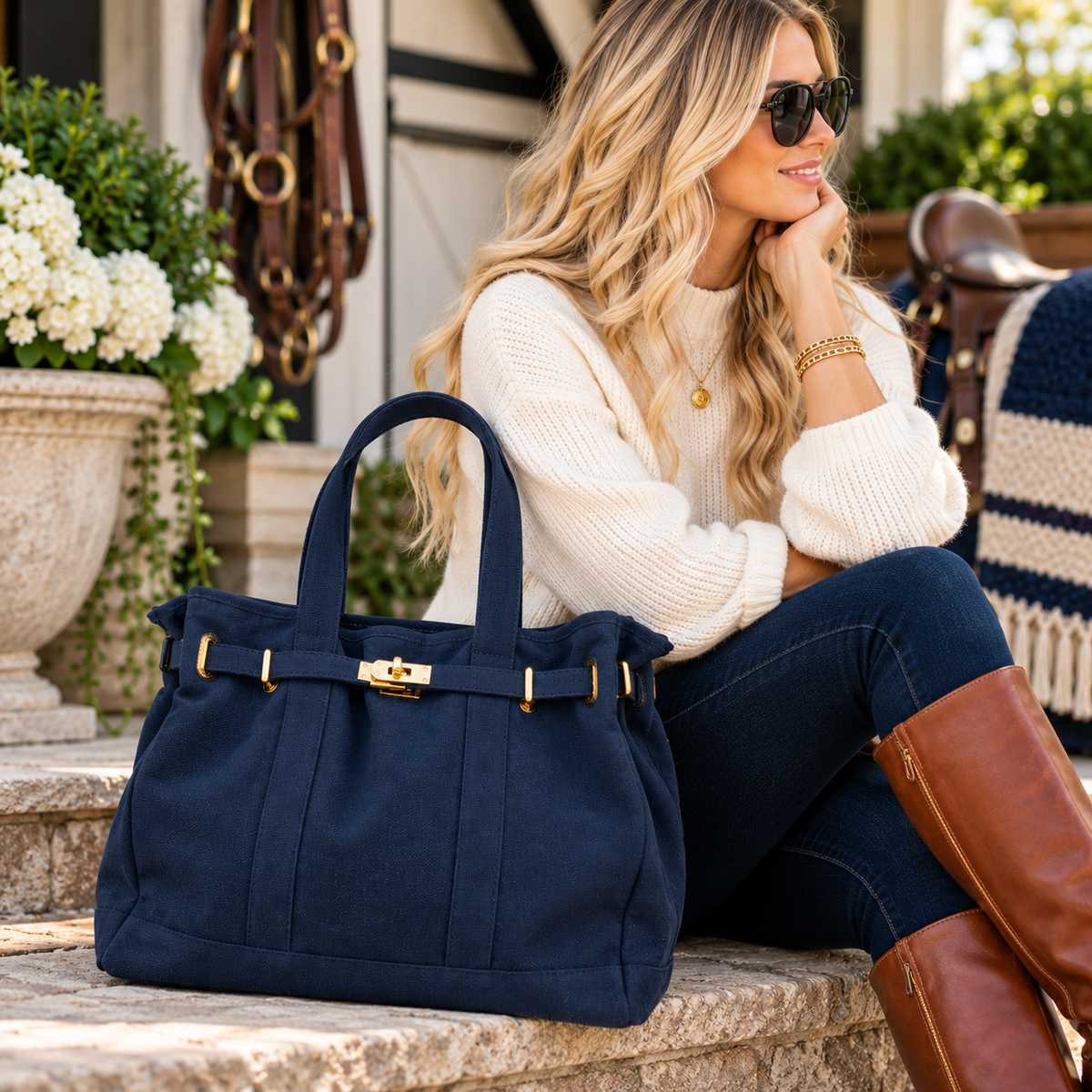 Huntley Equestrian Barnkin Canvas Tote Bag – Classic Navy