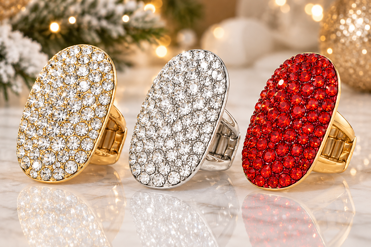 Crystal Pavé Statement Stretch Ring — Gold, Silver & Red