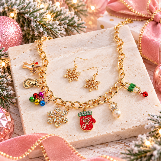 Christmas Charm Necklace and Snowflake Earring Set