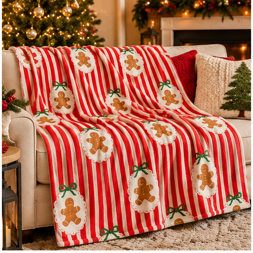 Striped Gingerbread Christmas Fleece Throw Blanket – 50" x 60"