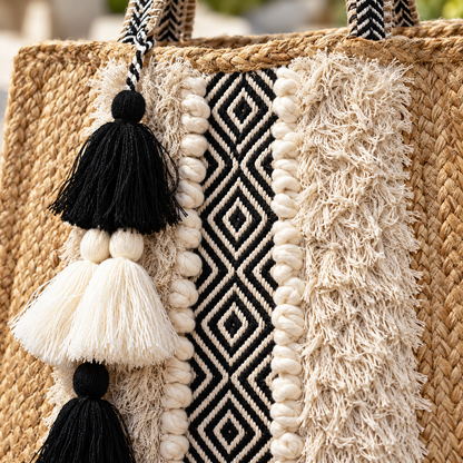 The Santa Fe Social Jute Tote | Black & White Fringe Shoulder Bag