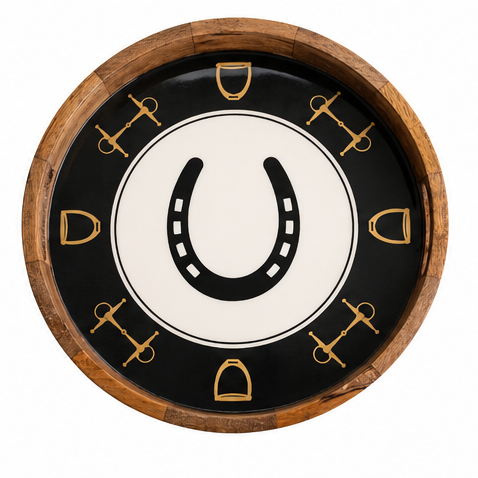 Huntley Equestrian Horseshoe & Horse Bit Round Wooden Tray
