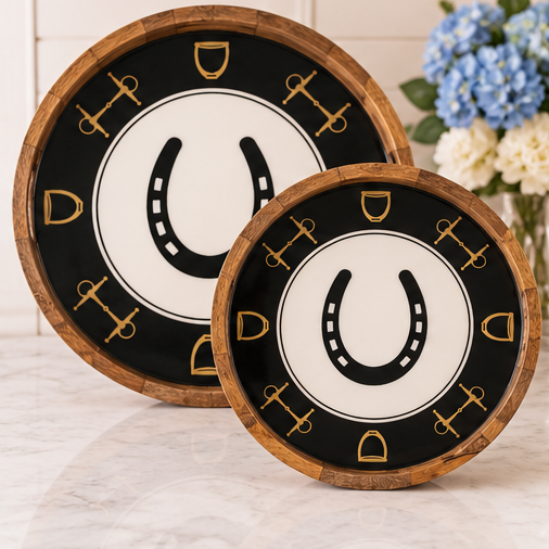 Huntley Equestrian Horseshoe & Horse Bit Round Wooden Tray