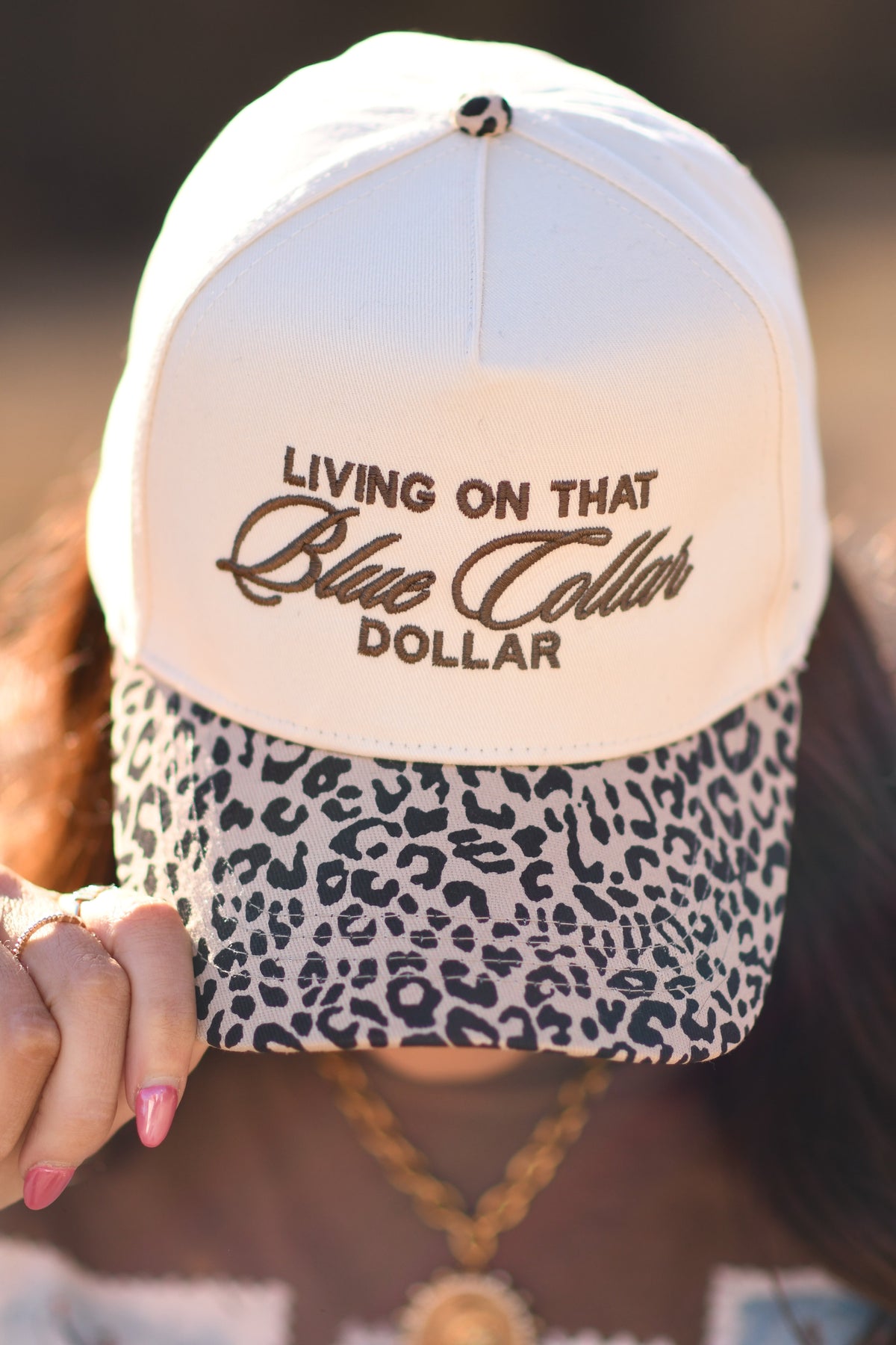 Living On That Blue Collar Dollar Leopard Print Snapback Hat