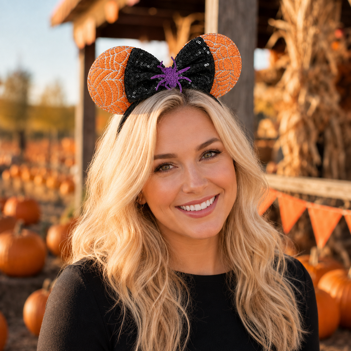 Blonde woman wearing black spiderweb ear headband with orange sequin bow at a pumpkin patch
