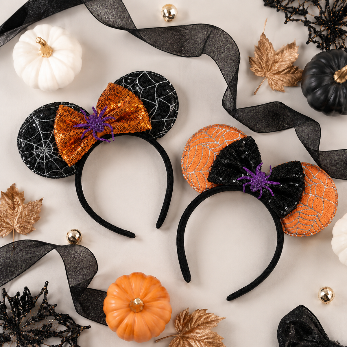 Spooky Sparkle Spiderweb Ear Headbands displayed with pumpkins and Halloween decor