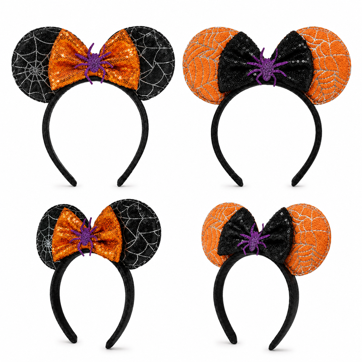 Front and angled views of black and orange Halloween spiderweb ear headbands