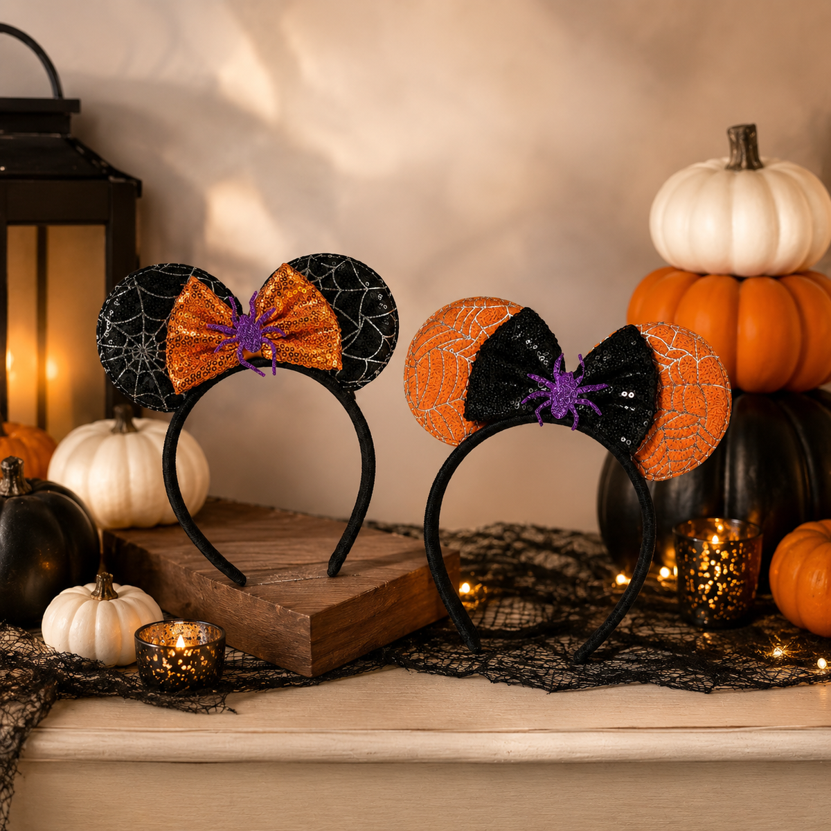 Black and orange spiderweb ear headbands styled with pumpkins and Halloween accessories