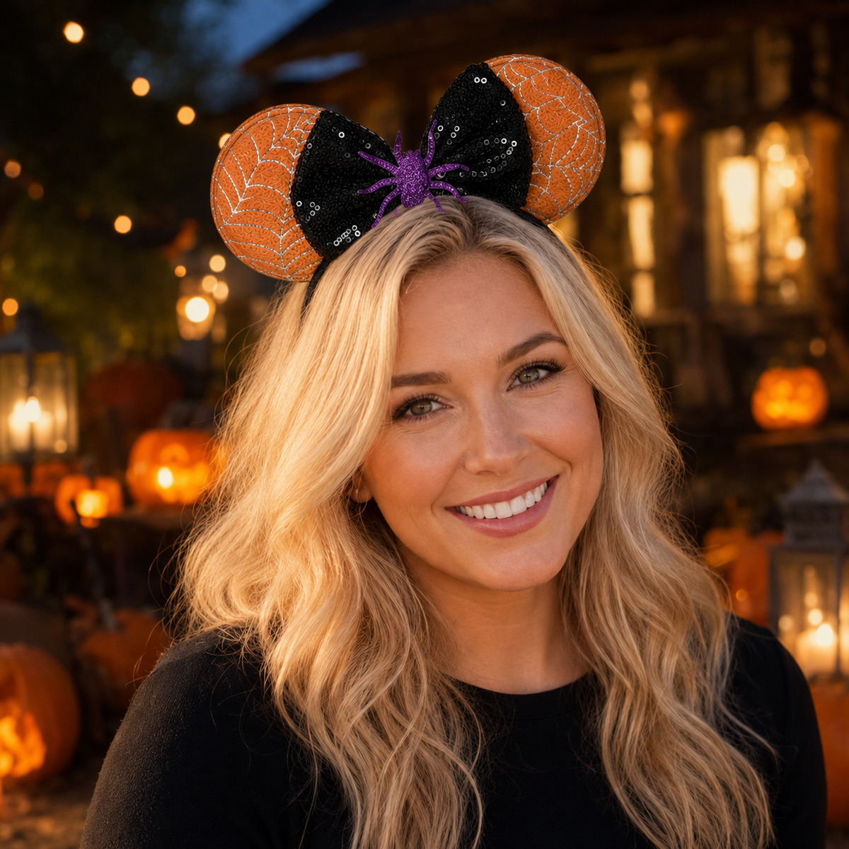 Orange spiderweb ear headband with black sequin bow styled for a Halloween evening look