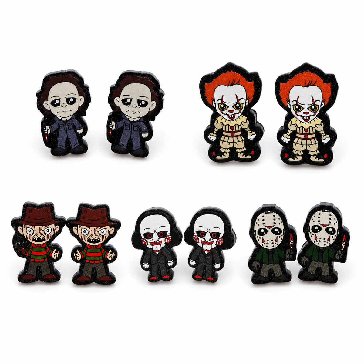 Midnight Frights Character Stud Earrings featuring five horror-inspired Halloween character styles on a white background