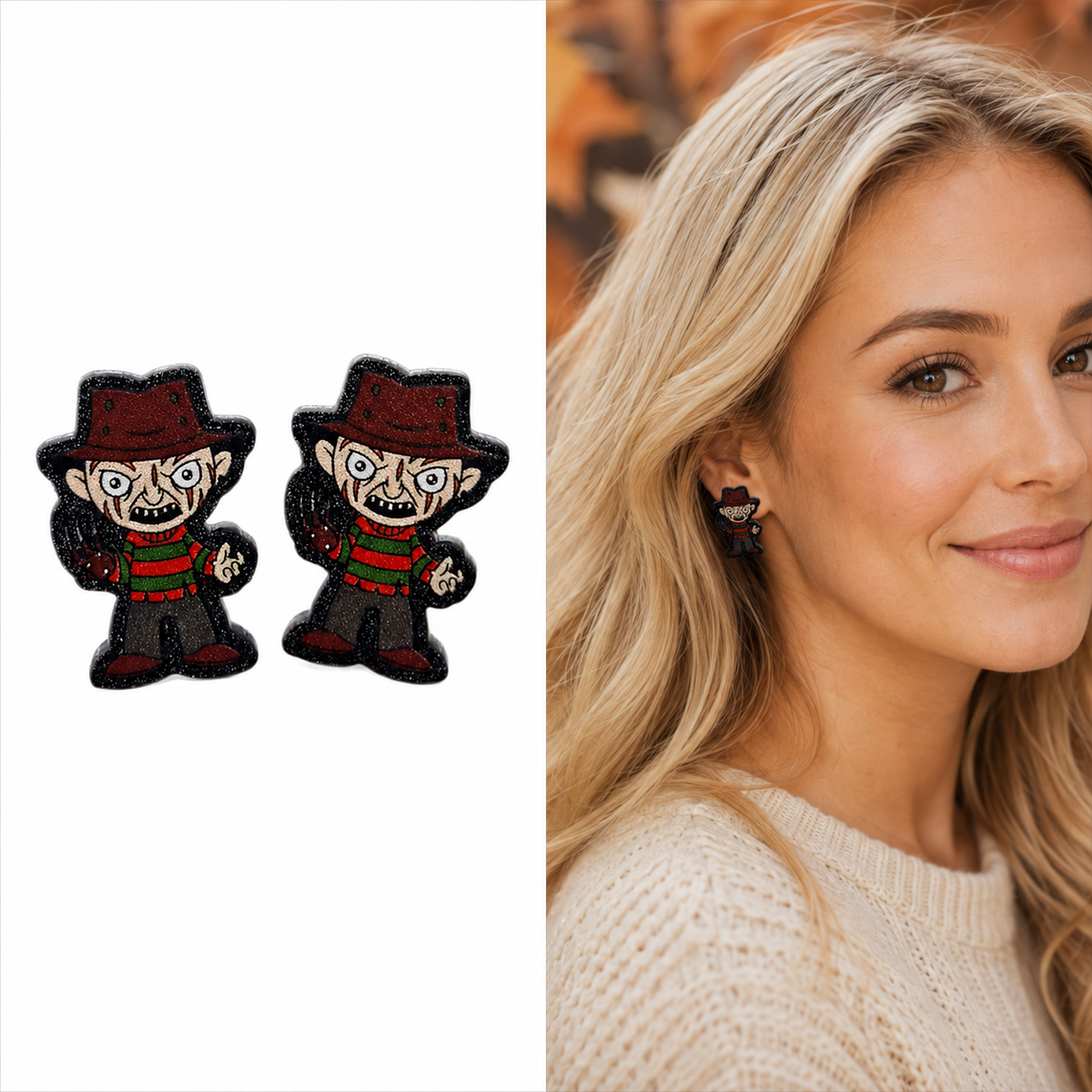 Nightmare Stalker character stud earrings with striped sweater and dark hat shown beside model wearing the studs