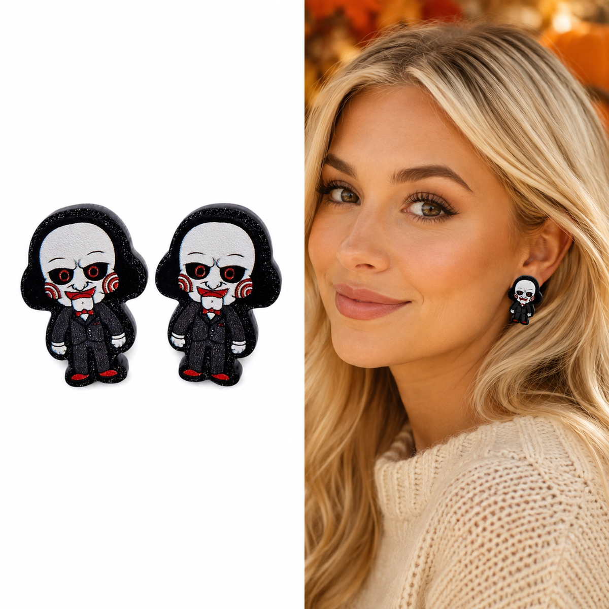 Spiral Puppet character stud earrings with black suit, red bow tie and spiral cheek details shown beside model wearing the studs