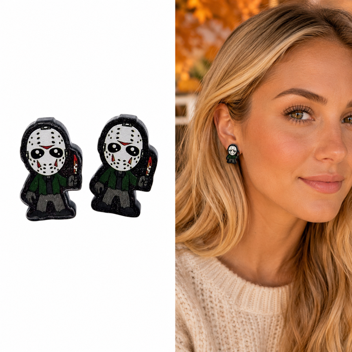 Hockey Mask Slasher character stud earrings with white mask and dark outfit shown beside model wearing the Halloween studs