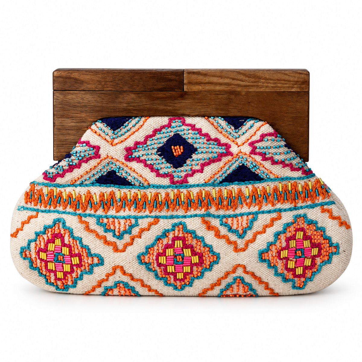The Desert Bloom Beaded Clutch | Colorful Geometric Wooden Frame Bag