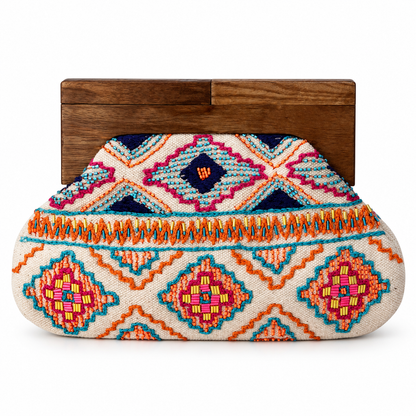The Desert Bloom Beaded Clutch | Colorful Geometric Wooden Frame Bag