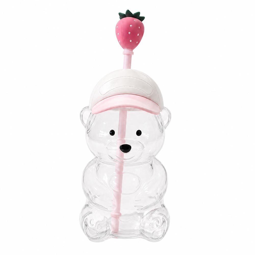 Strawberry Sweetheart Bear Glass Tumbler with Straw | Pink