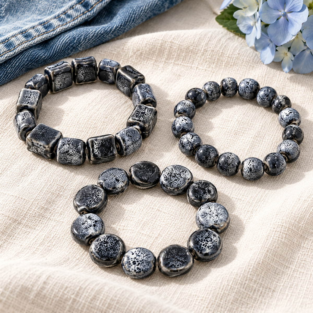 The Midnight Coast Clay Bead Bracelet Stack | Navy Set of 3