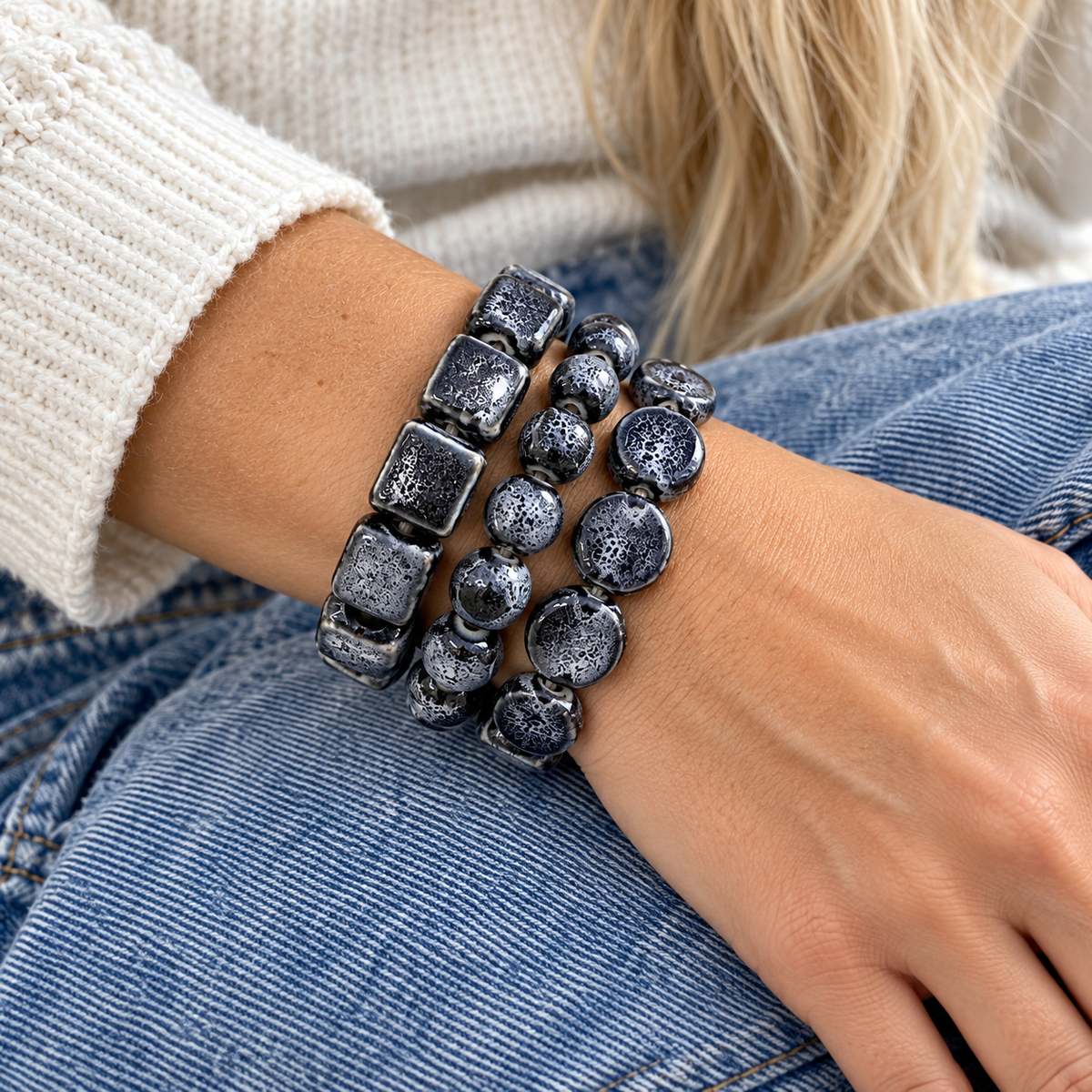 The Midnight Coast Clay Bead Bracelet Stack | Navy Set of 3