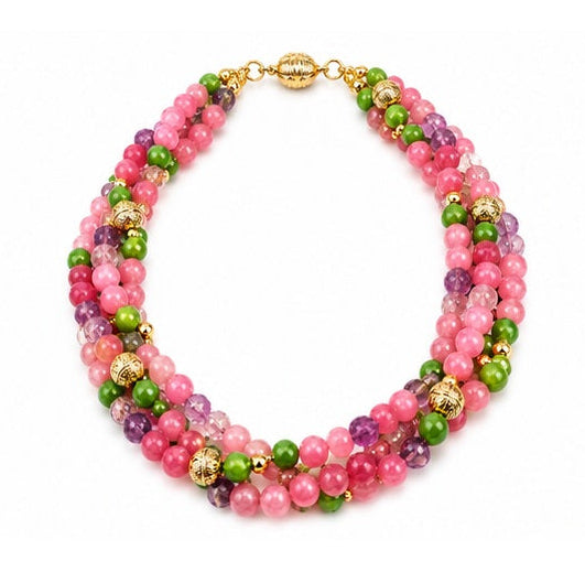 Pink Agate, Amethyst & Crystal Triple-Strand Natural Stone Necklace