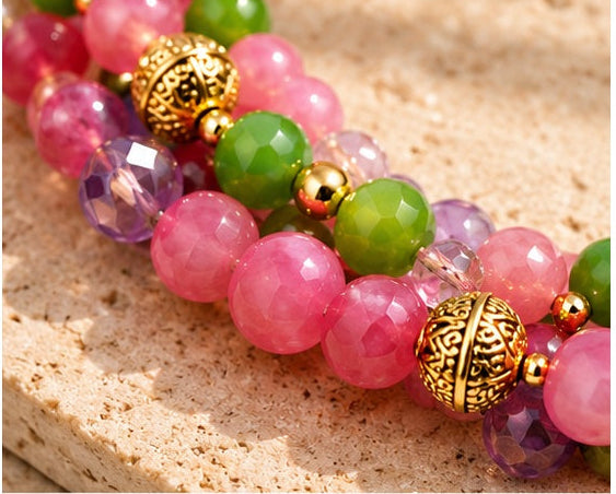 Pink Agate, Amethyst & Crystal Triple-Strand Natural Stone Necklace