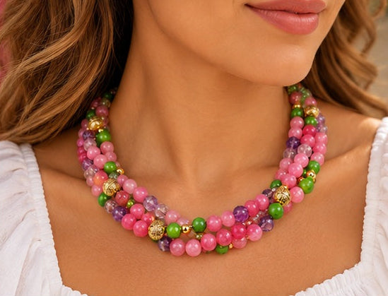 Pink Agate, Amethyst & Crystal Triple-Strand Natural Stone Necklace
