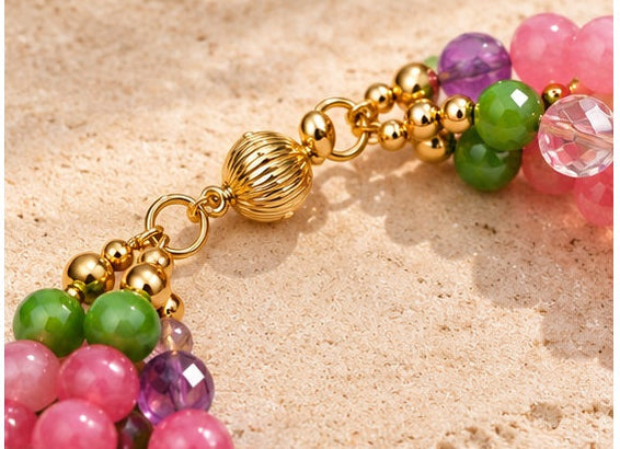 Pink Agate, Amethyst & Crystal Triple-Strand Natural Stone Necklace