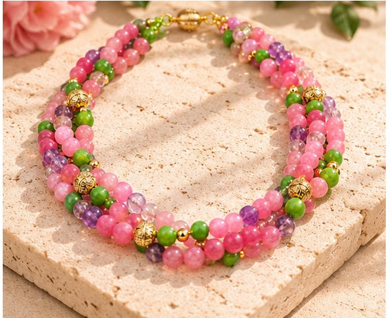 Pink Agate, Amethyst & Crystal Triple-Strand Natural Stone Necklace