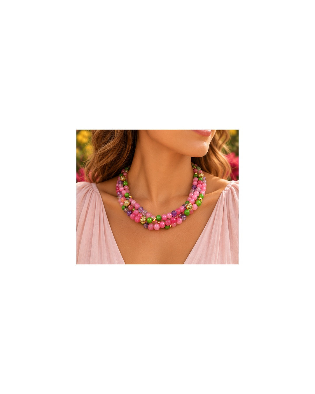 Pink Agate, Amethyst & Crystal Triple-Strand Natural Stone Necklace