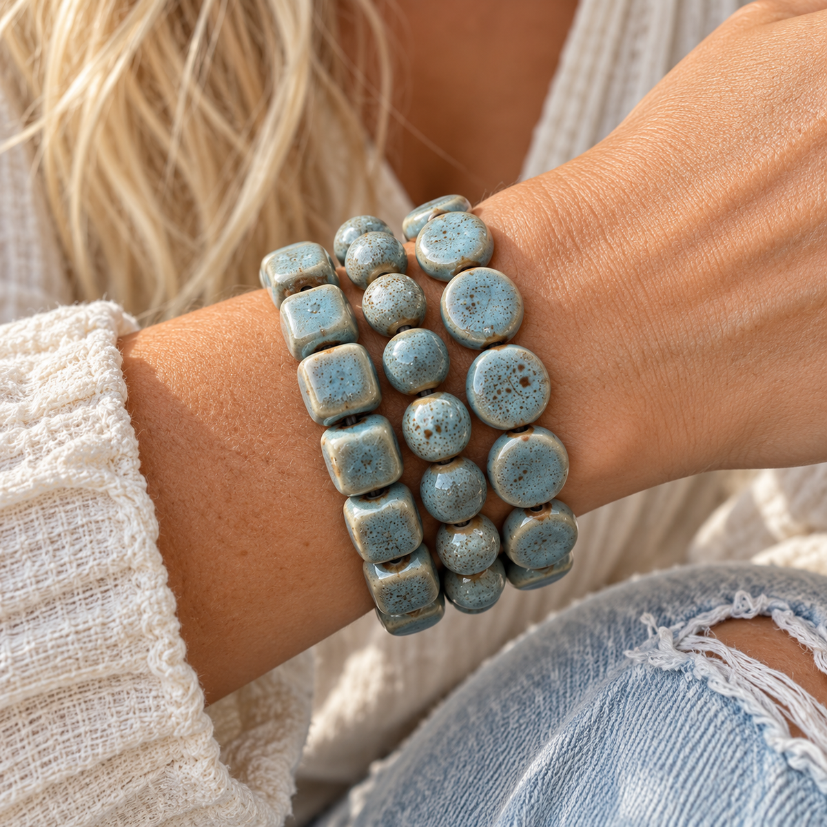 The Blue Skies Clay Bead Bracelet Stack | Powder Blue Set of 3