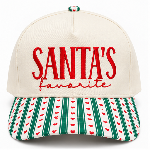 Santa’s Favorite Embroidered Christmas Hat – Green Stripe & Red Heart Snapback