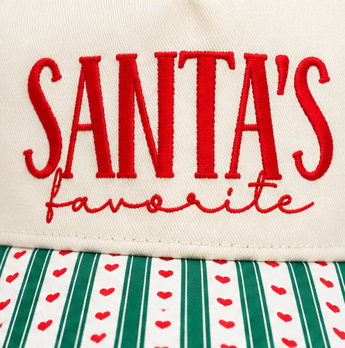 Santa’s Favorite Embroidered Christmas Hat – Green Stripe & Red Heart Snapback