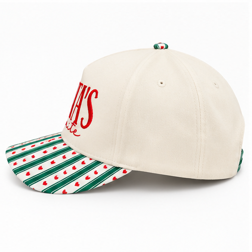 Santa’s Favorite Embroidered Christmas Hat – Green Stripe & Red Heart Snapback