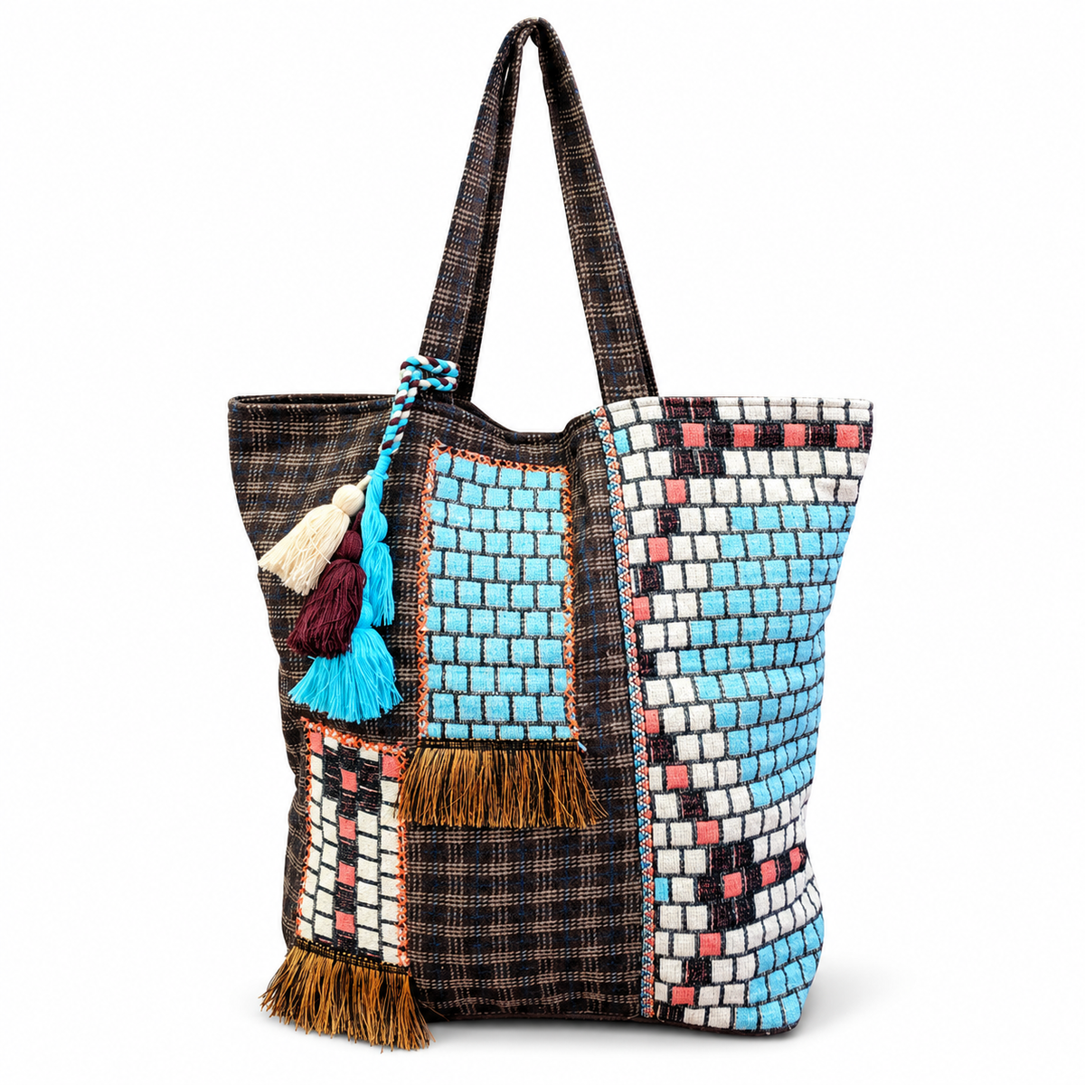 The Desert Sky Patchwork Tote | Turquoise & Tassel Shoulder Bag