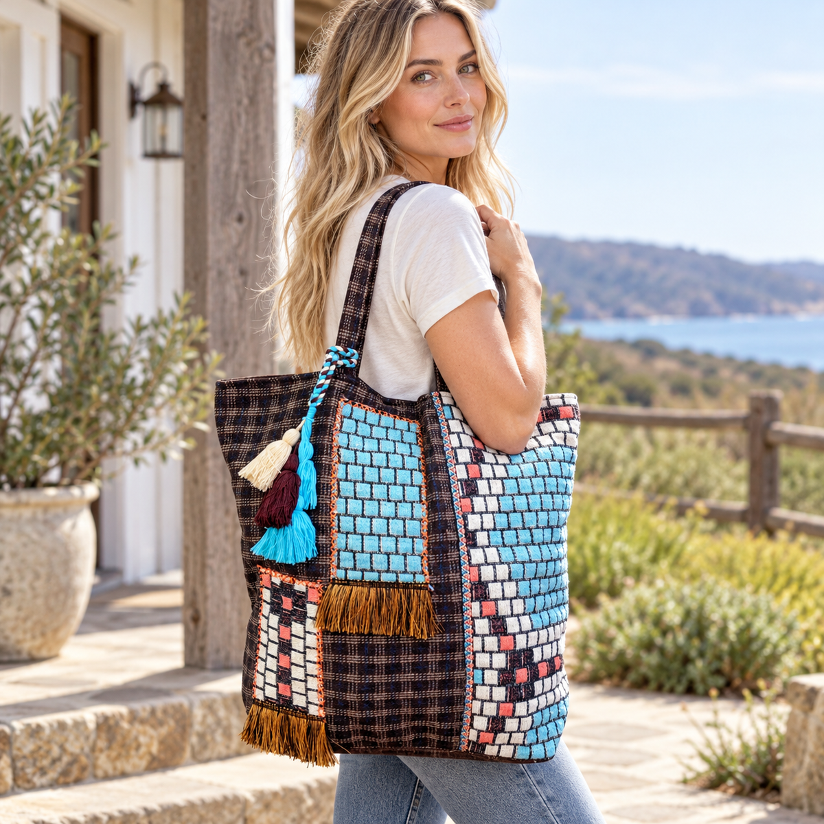 The Desert Sky Patchwork Tote | Turquoise & Tassel Shoulder Bag