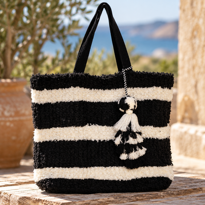 The Monochrome Moment Fuzzy Striped Tote Bag