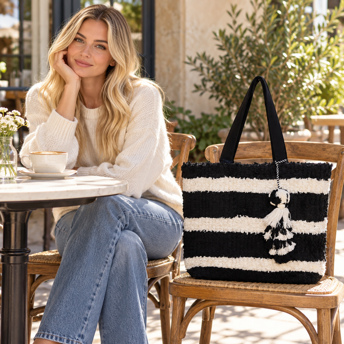 The Monochrome Moment Fuzzy Striped Tote Bag