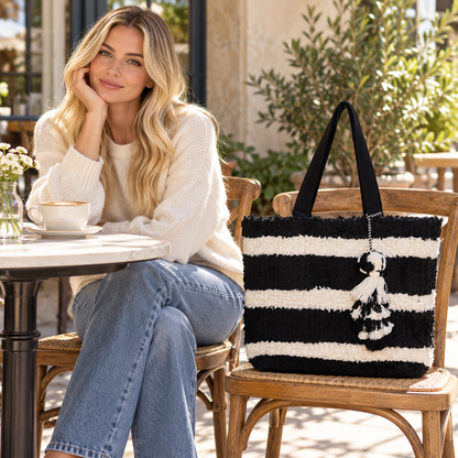 The Monochrome Moment Fuzzy Striped Tote Bag