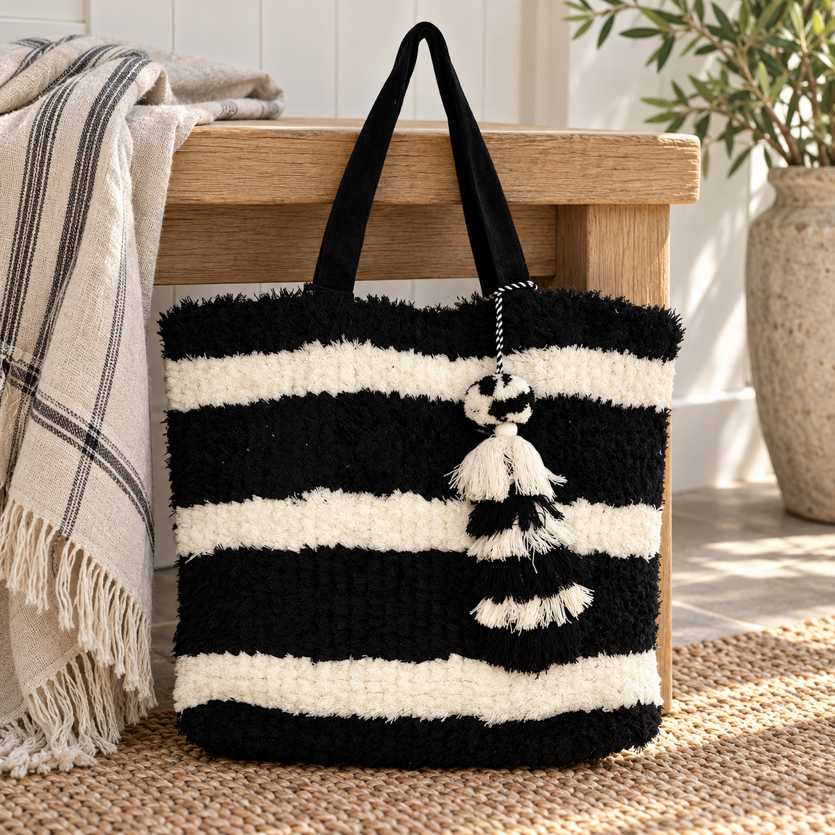 The Monochrome Moment Fuzzy Striped Tote Bag