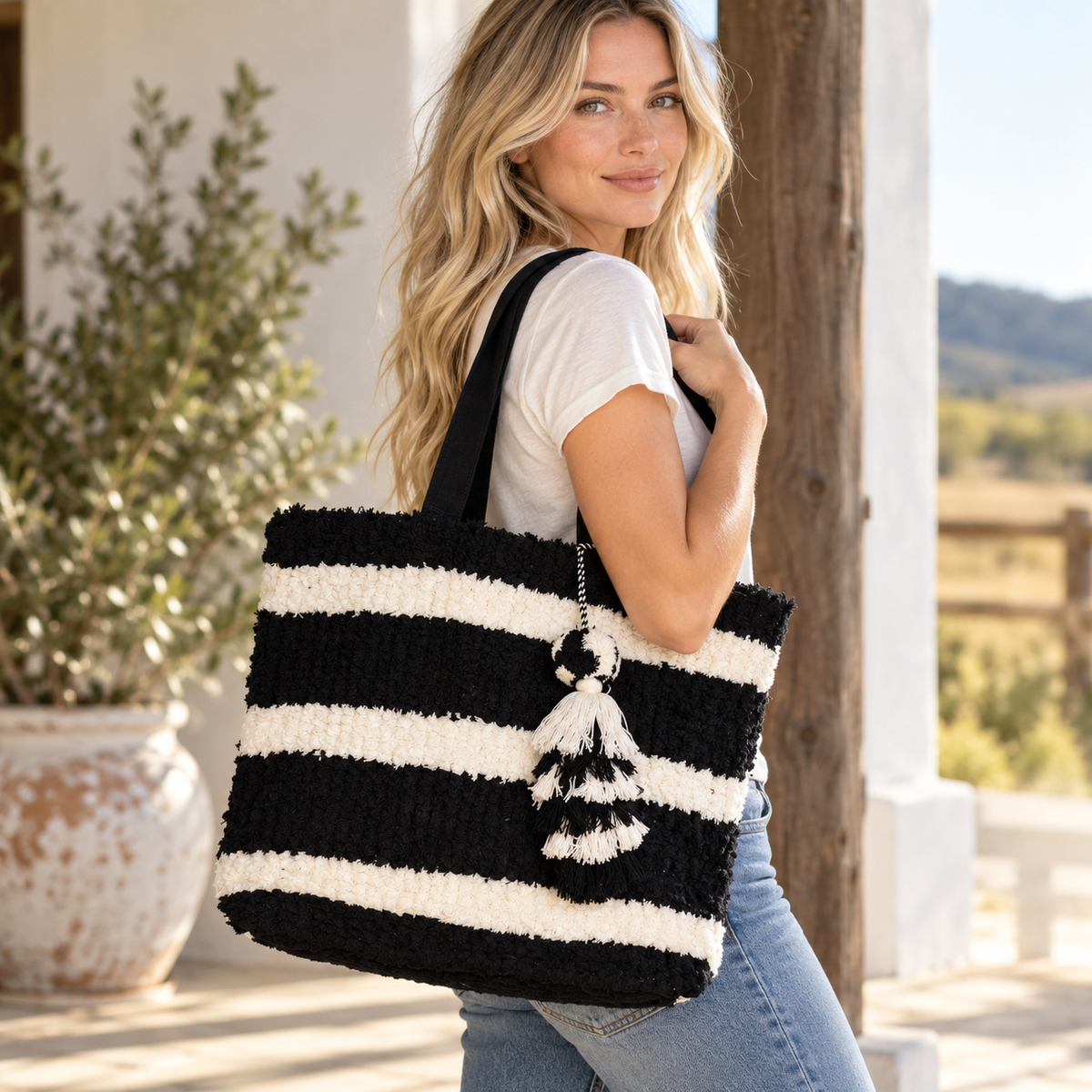 The Monochrome Moment Fuzzy Striped Tote Bag