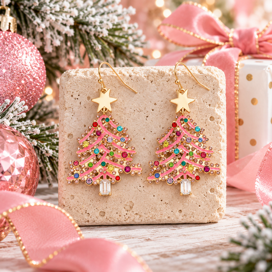 Pink Christmas Tree Rhinestone Dangle Earrings | Multicolor Sparkle