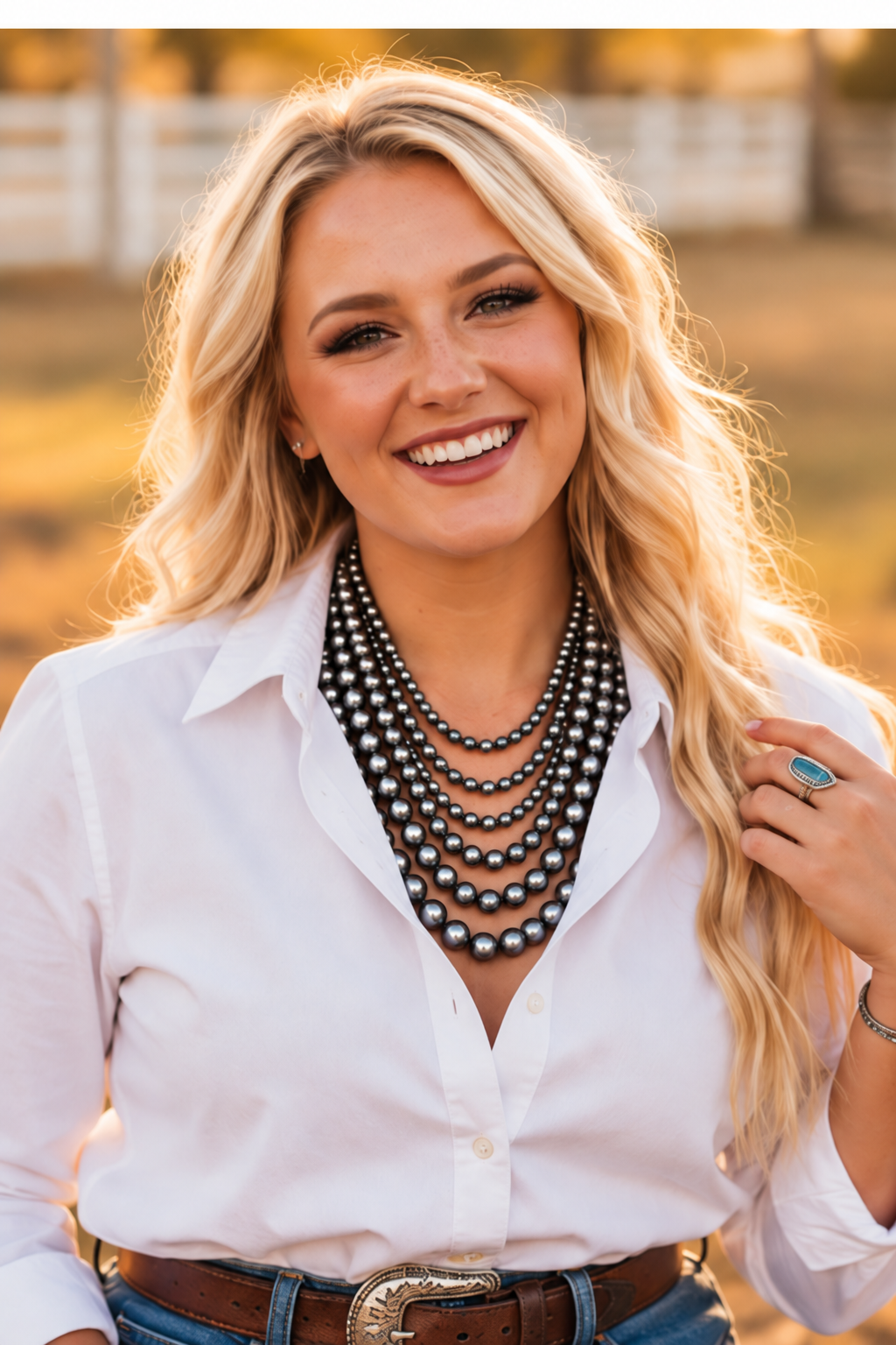 Western Six-Row Faux Sterling Pearl Statement Necklace