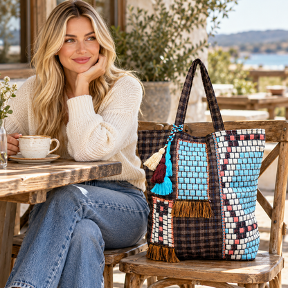 The Desert Sky Patchwork Tote | Turquoise & Tassel Shoulder Bag