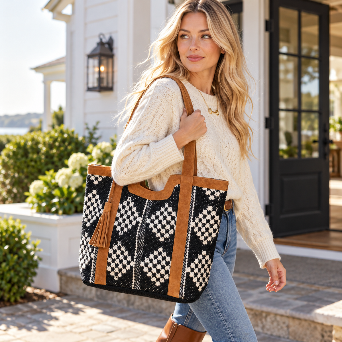 The Aspen Social Diamond Tote | Black & White Leather-Trimmed Bag