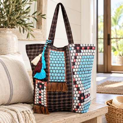 The Desert Sky Patchwork Tote | Turquoise & Tassel Shoulder Bag