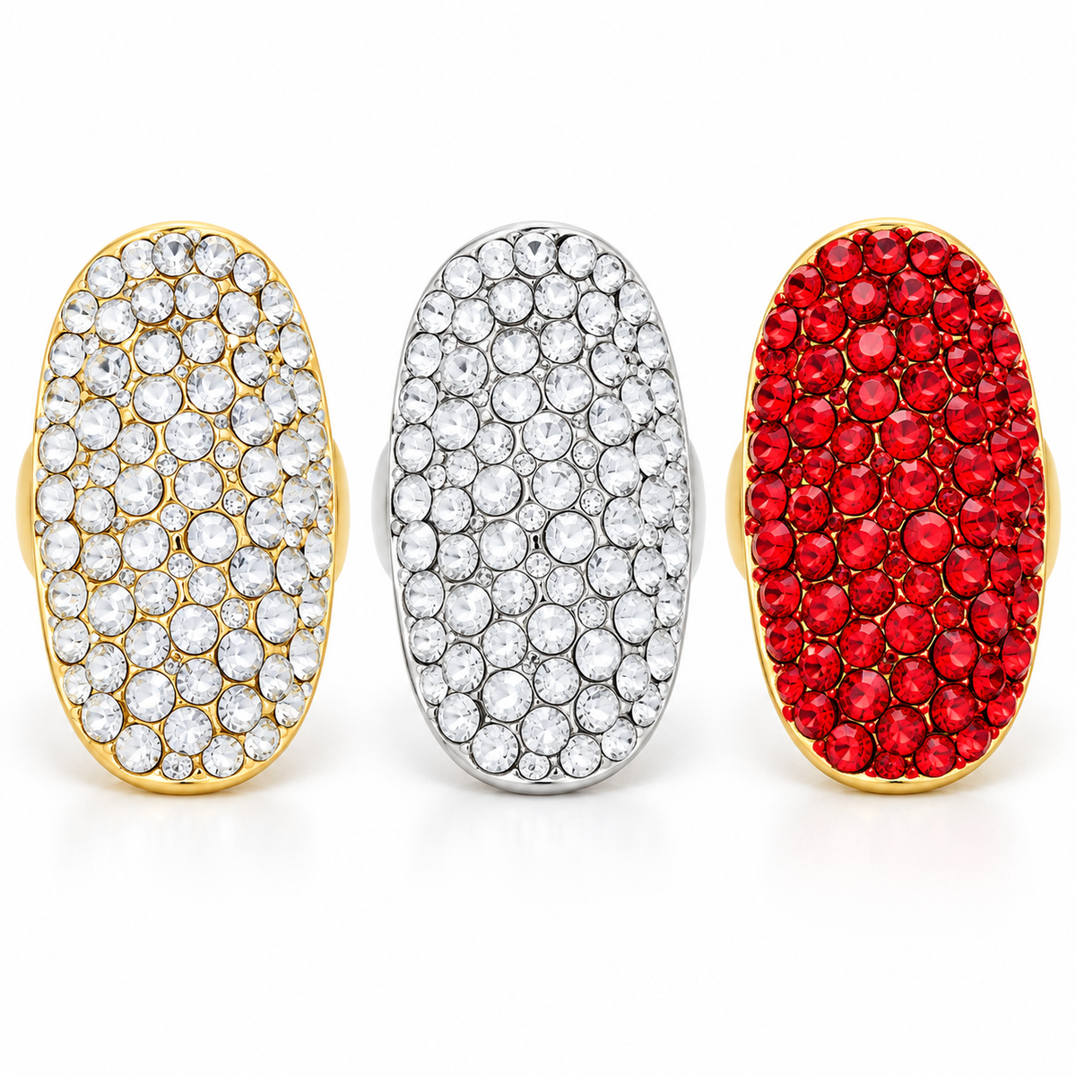 Crystal Pavé Statement Stretch Ring — Gold, Silver & Red