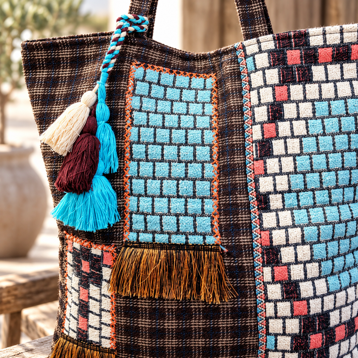 The Desert Sky Patchwork Tote | Turquoise & Tassel Shoulder Bag