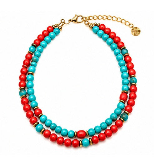 Handcrafted Turquoise & Coral Two-Strand Beaded Necklace