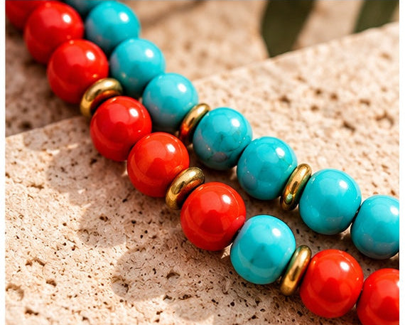 Handcrafted Turquoise & Coral Two-Strand Beaded Necklace