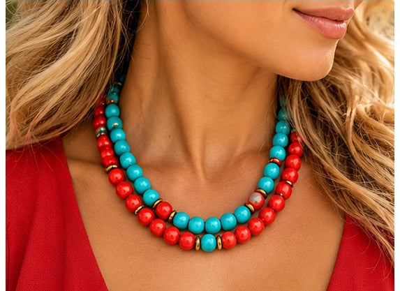 Handcrafted Turquoise & Coral Two-Strand Beaded Necklace